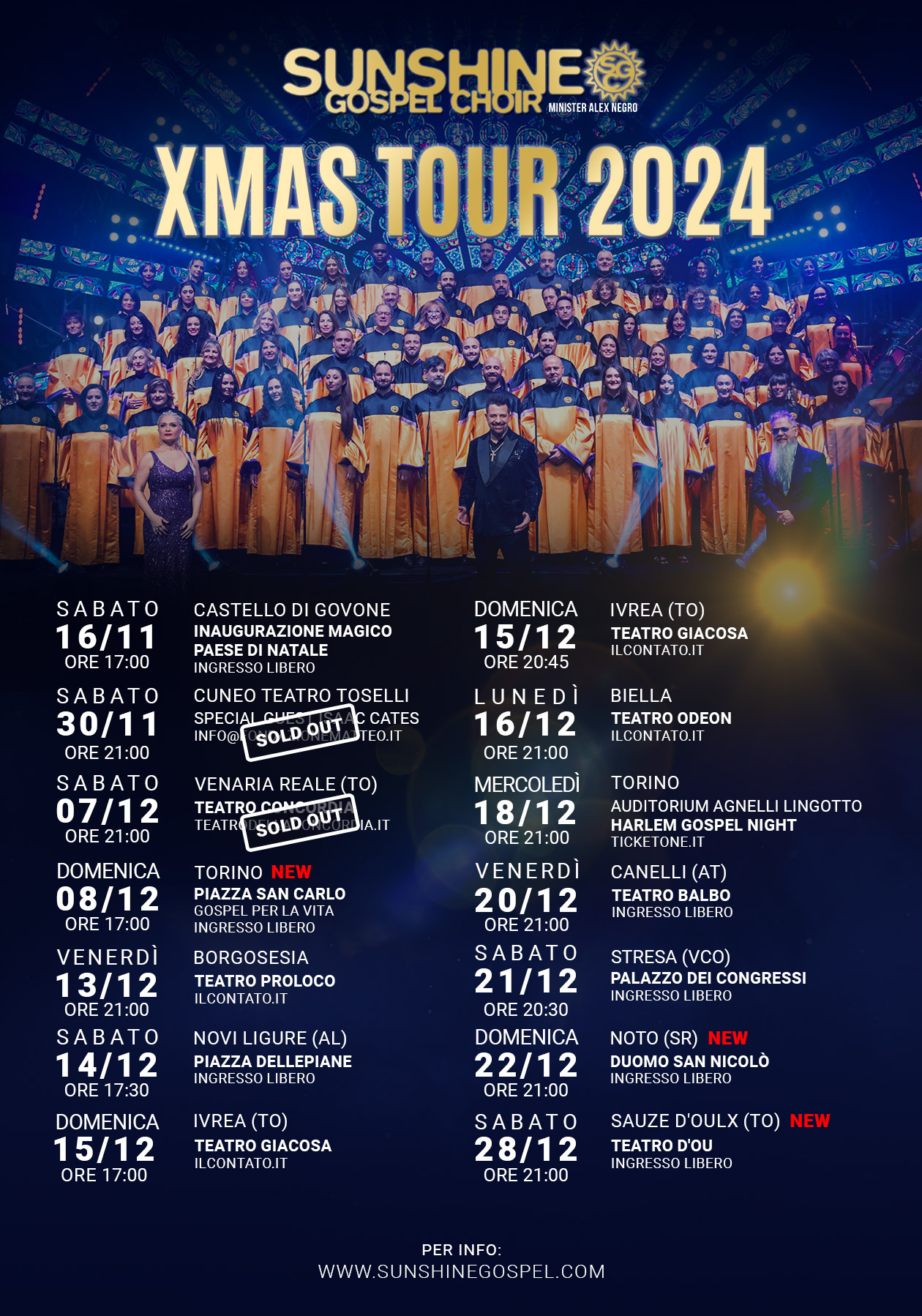 Locandina con il coro che si esibirà ed il maestro davanti a loro. Sullo sfondo delle luci di colore blu. Sabato 28 dicembre 2024