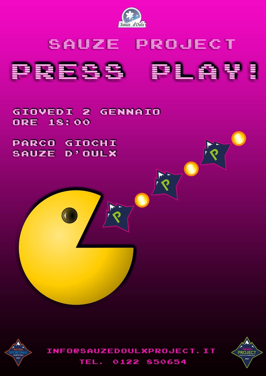 Locandina con Pac-Man gigante che mangia i loghi della Scuola Sci Sauze Project