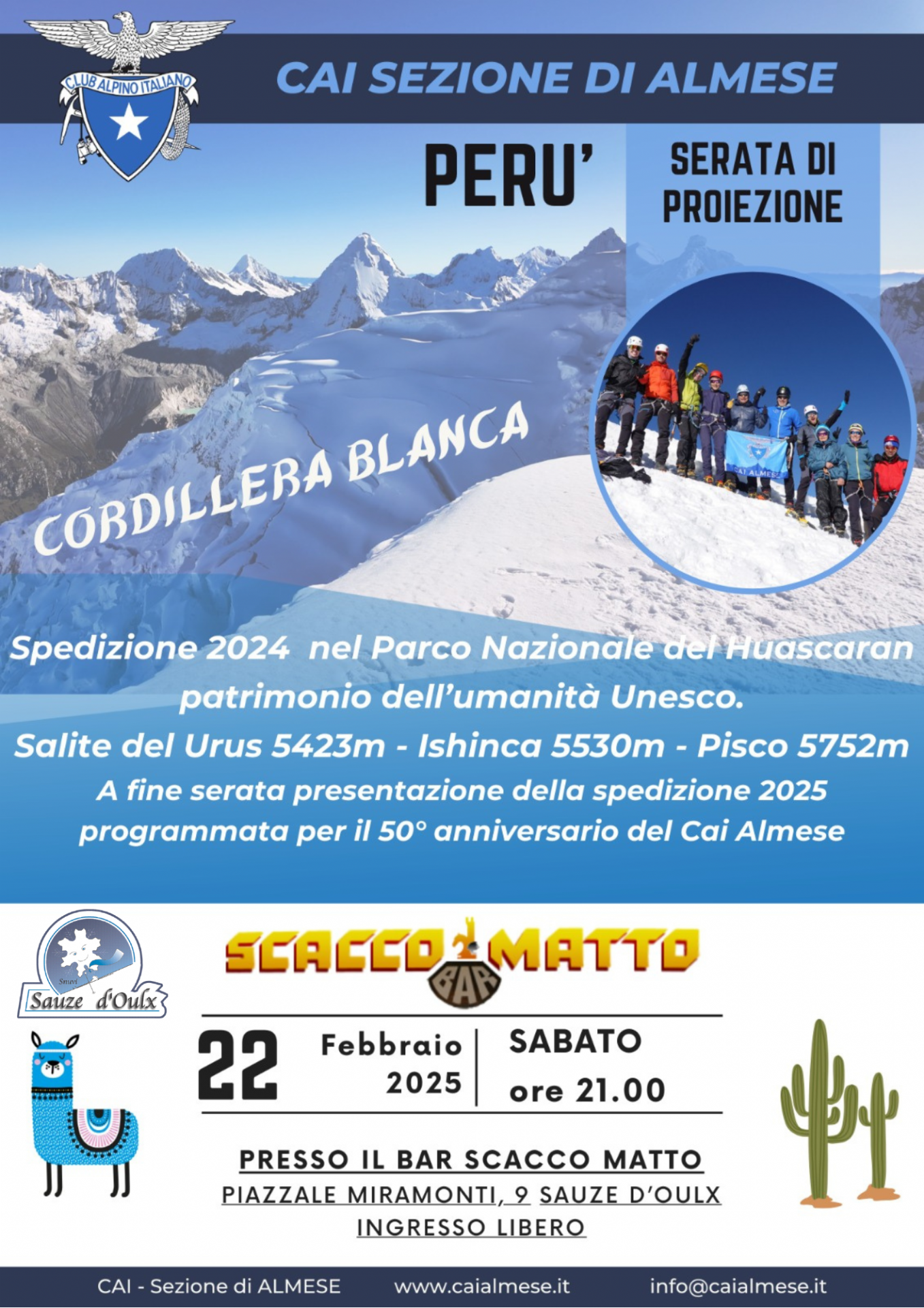 Locandina evento con sullo sfondo delle montagne innevate e sulla destra una foto circolare con la sezione CAI di Almese che tiene una bandiera con il loro logo 