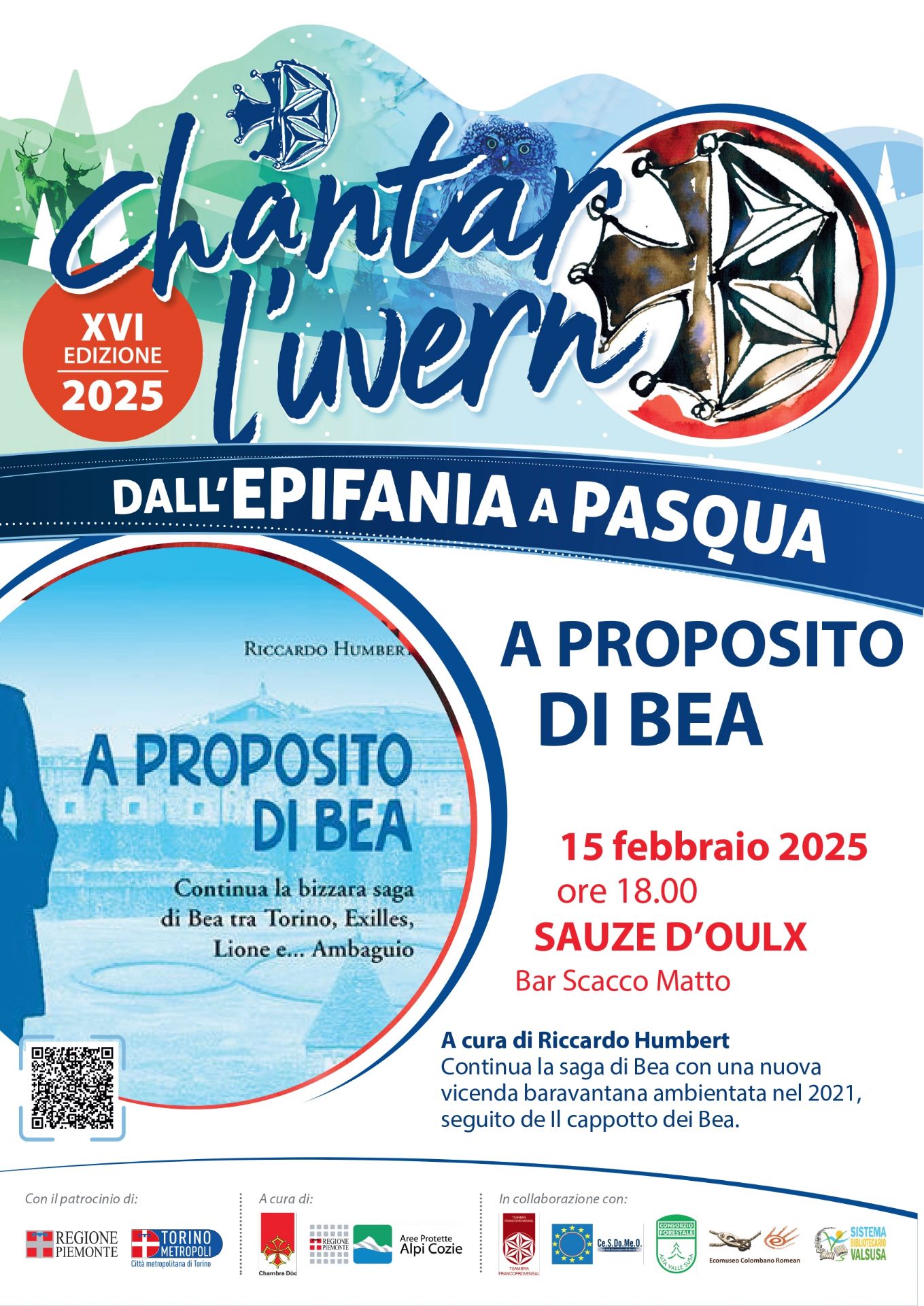 Locandina dell'evento con cerchio a sinistra che ha come sfondo il Forte di Exilles ed una figura di colore blu