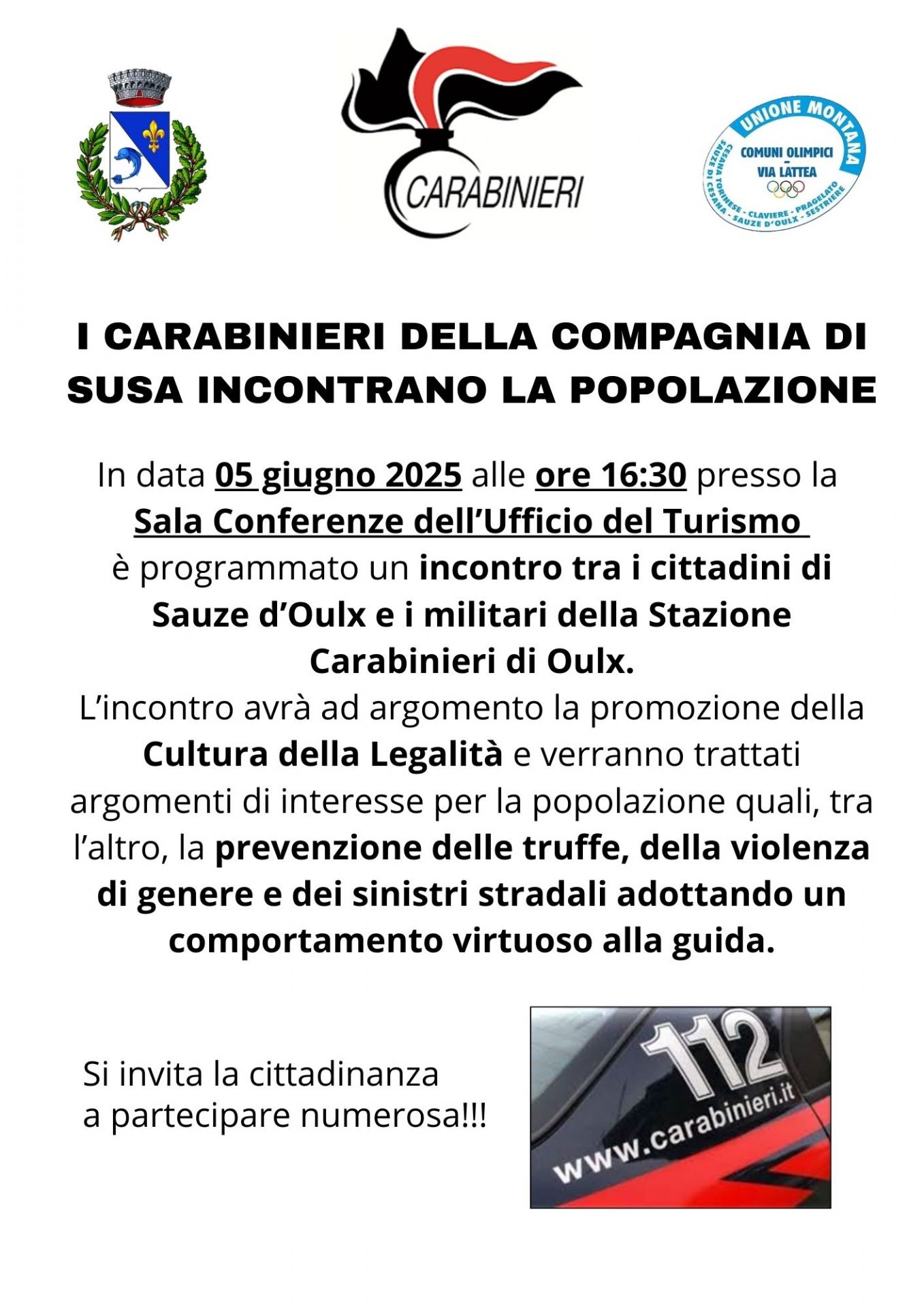 Loghi comune e carabinieri e data e luogo dell'appuntamento