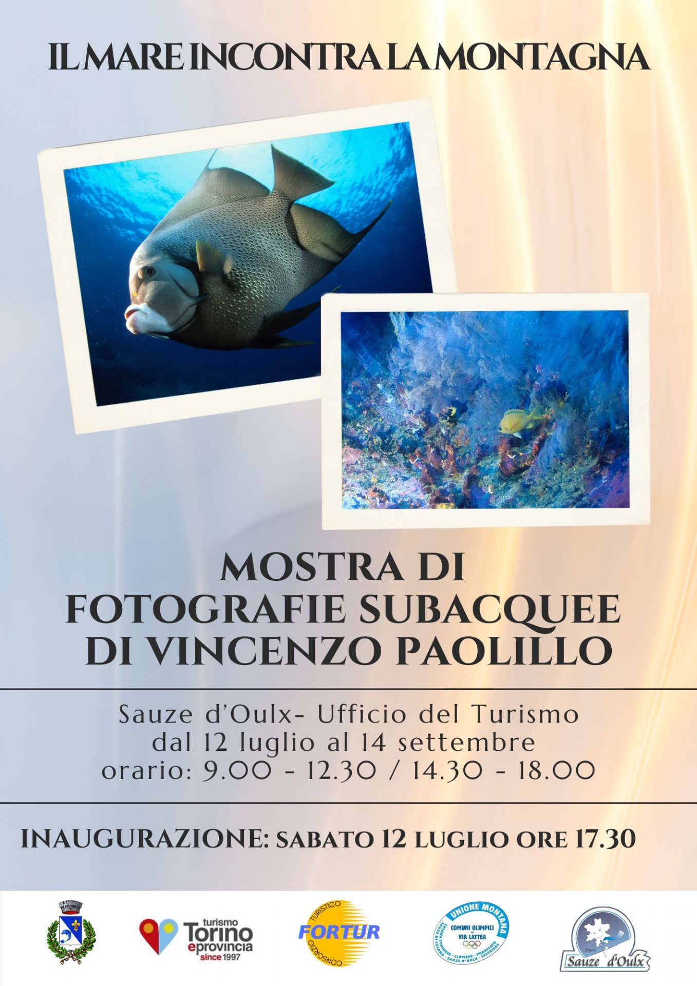 Locandina mostra di fotografie subacquee con foto di pesci che si terrà presso l'Ufficio del Turismo