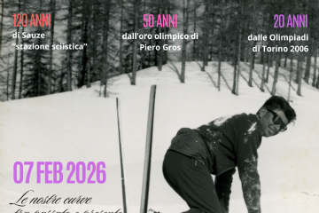 Locandina con foto d'epoca con sciatore sulle punte degli sci e informazioni