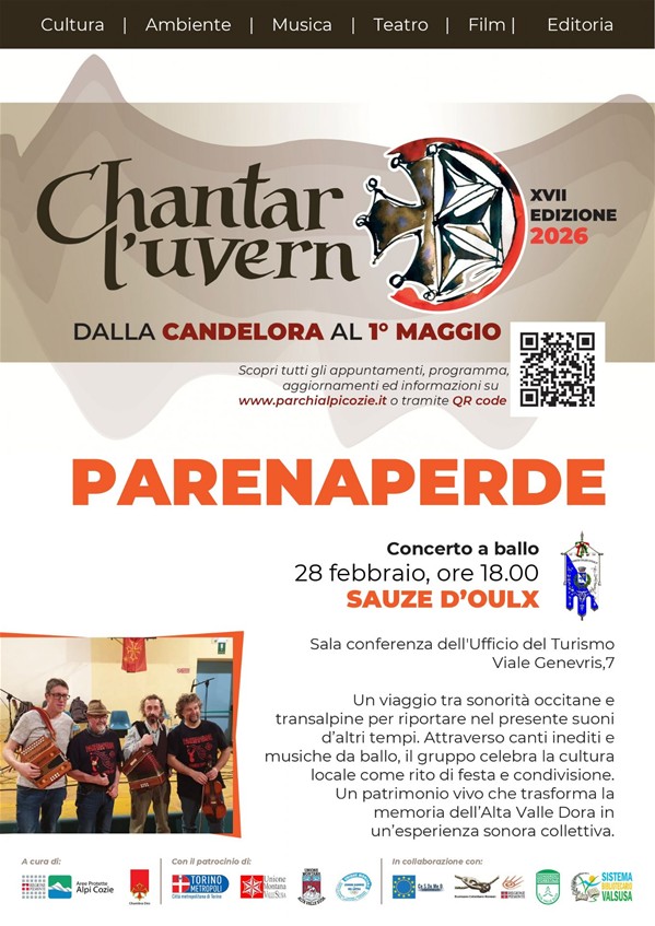Locandina dell'evento di concerto e ballo dei Parenaperde che si terrà il 28 febbraio alle ore 18.00