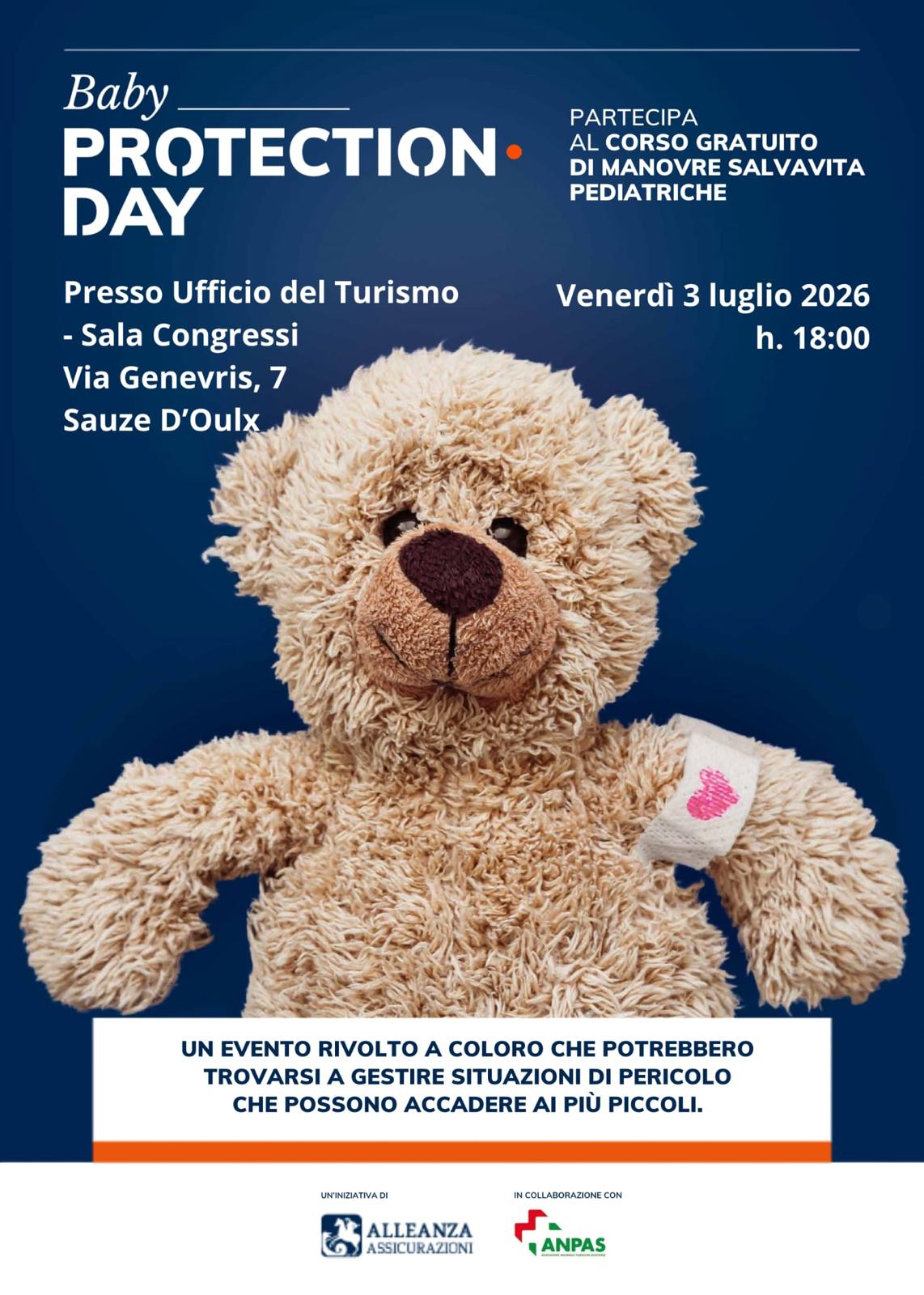 Locandina evento con un orsetto di peluche al centro
